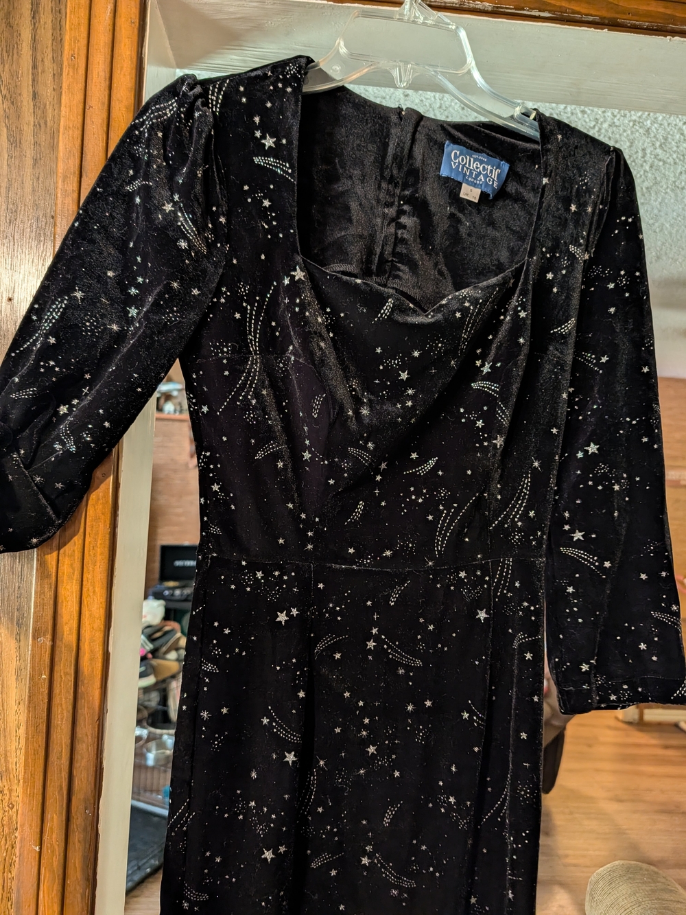 Black Velvet Star-Print Cowl Long-Sleeve Dress